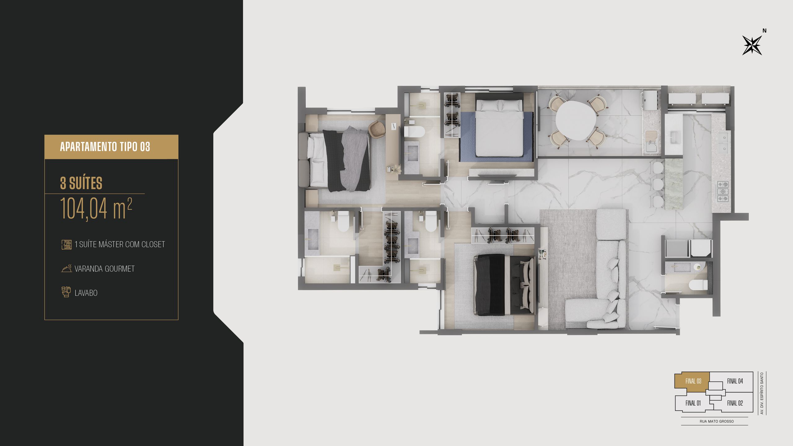 Planta do apartamento tipo 03 — 3 suítes, 104,04 m²